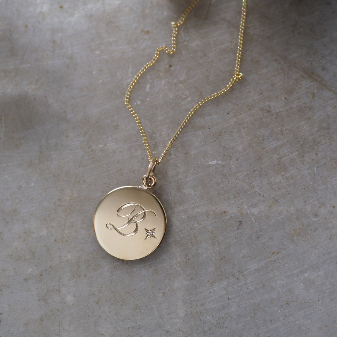 Diamond Initial Necklace in Solid Yellow Gold with Victoriana Star-Setting and Hand-Engraved Detail