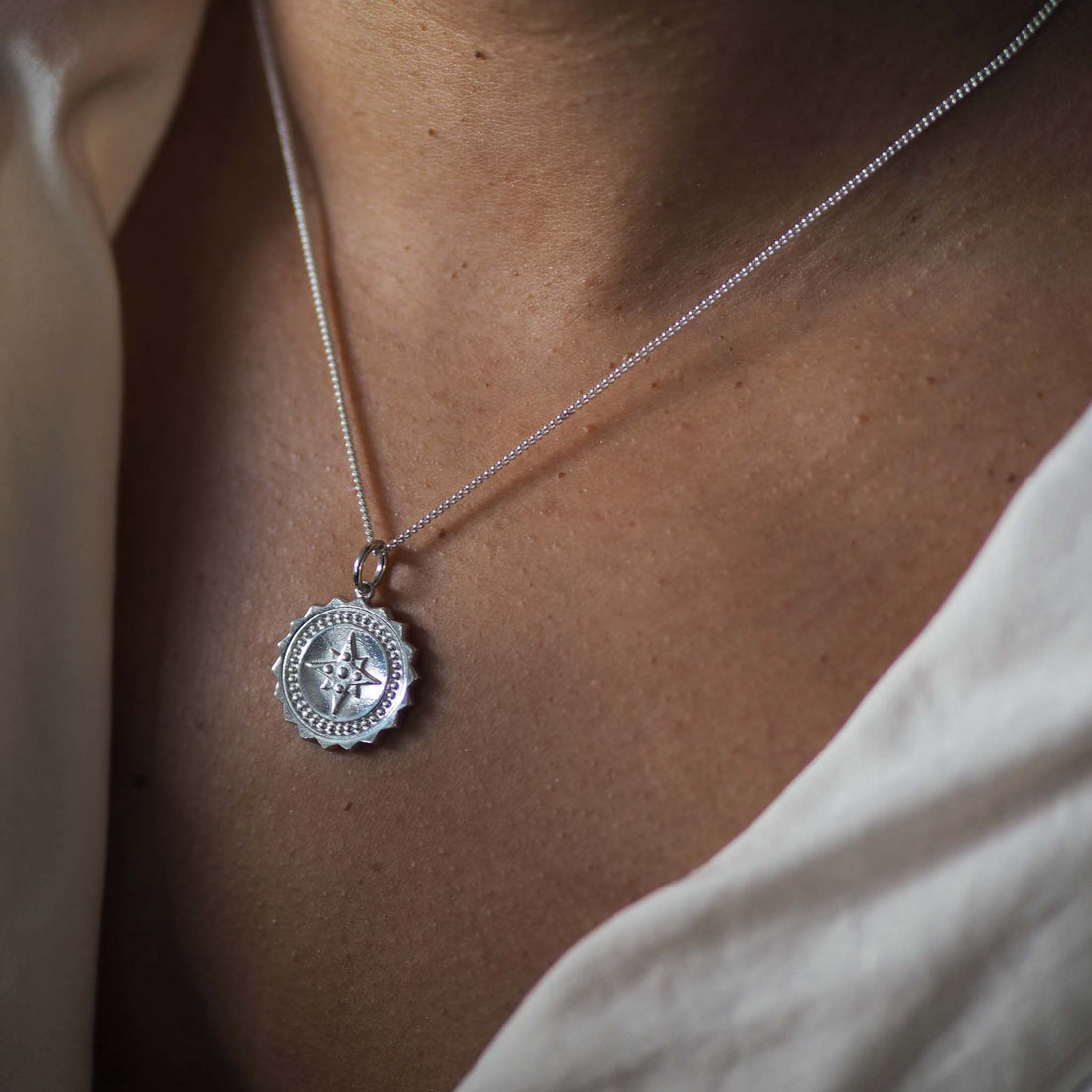 Bianca Jones Compass Engraved Medallion Necklace with Hand-Engraved Initial - Personalised Gold or Silver Pendant Image
