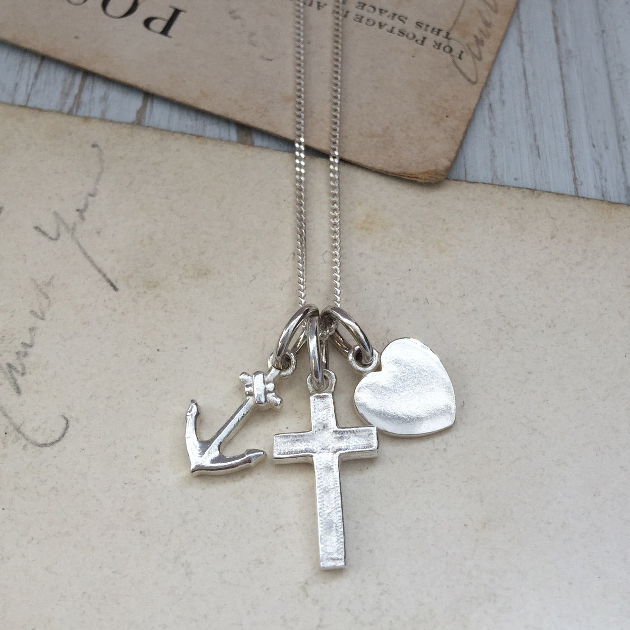 Bianca Jones Jewellery handcrafted Faith, Hope, Charity Necklace in Sterling Silver or 18ct Gold Vermeil with Symbolic Charms