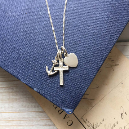 Bianca Jones Jewellery hhandcrafted Faith, Hope, Charity Necklace in Sterling Silver or 18ct Gold Vermeil with Symbolic Charms
