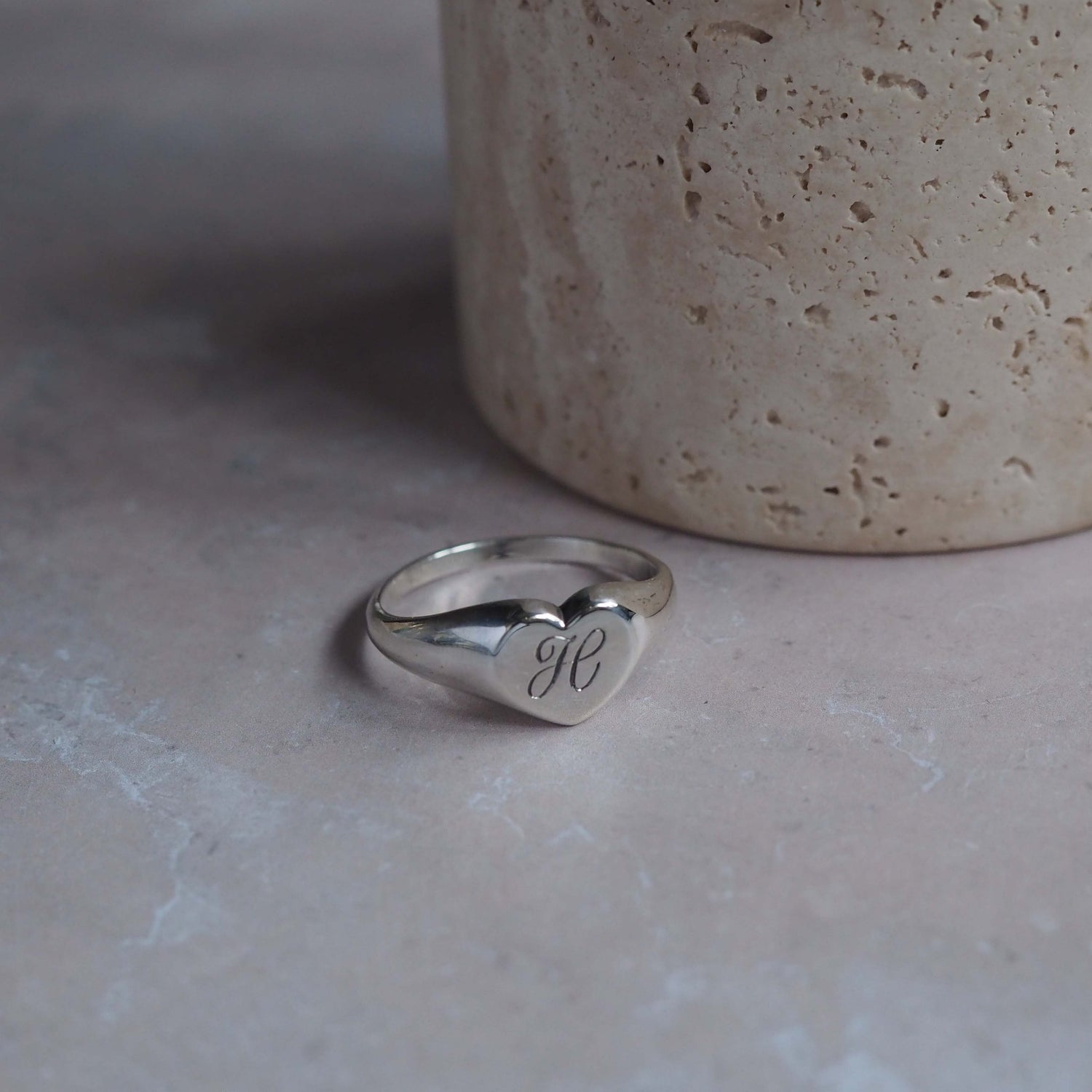 Heart Initial Signet Ring in Sterling Silver or Gold, personalised with a hand-engraved initial. A timeless blend of tradition and modern elegance.