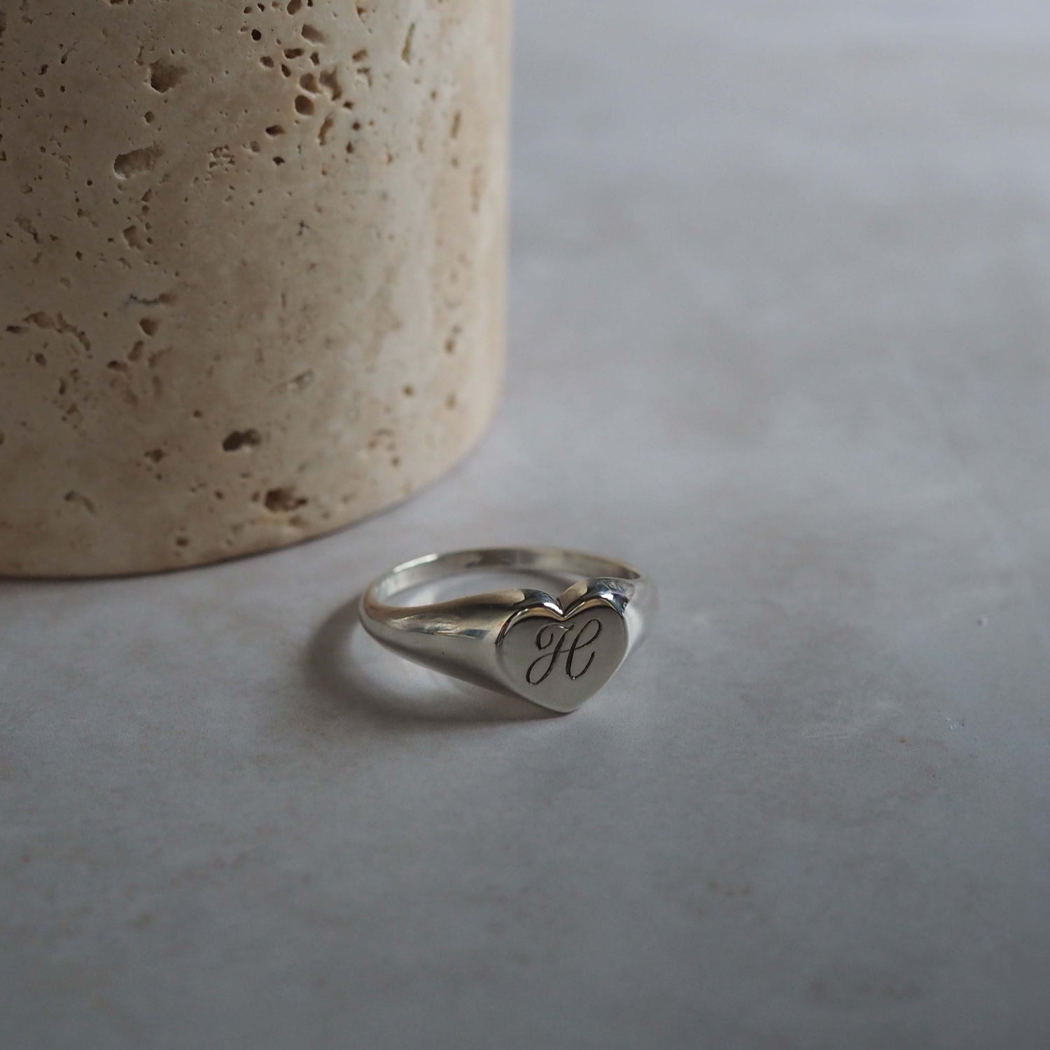 Heart Initial Signet Ring in Sterling Silver or Gold, personalised with a hand-engraved initial. A timeless blend of tradition and modern elegance.