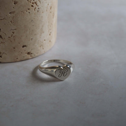 Heart Initial Signet Ring in Sterling Silver or Gold, personalised with a hand-engraved initial. A timeless blend of tradition and modern elegance.