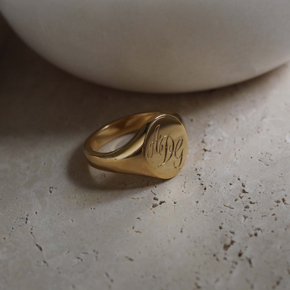 Triple Initial Signet Ring in 18ct Yellow Gold, featuring deliacately scrolled initials and a blend of historical significance and modern design.