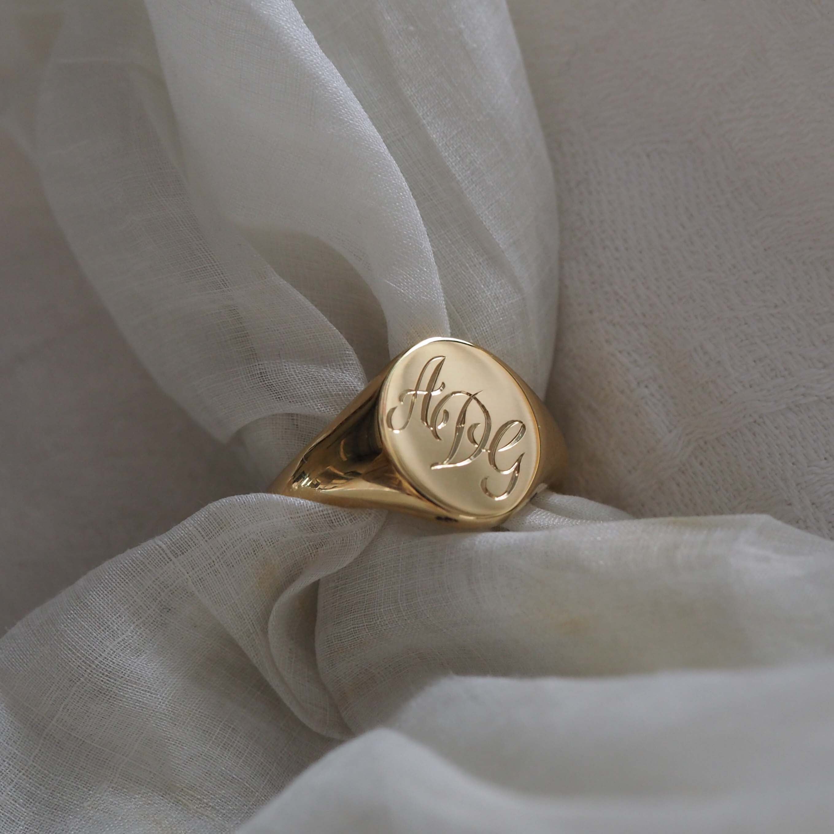 Triple Initial Signet Ring in 18ct Yellow Gold, featuring deliacately scrolled initials and a blend of historical significance and modern design.