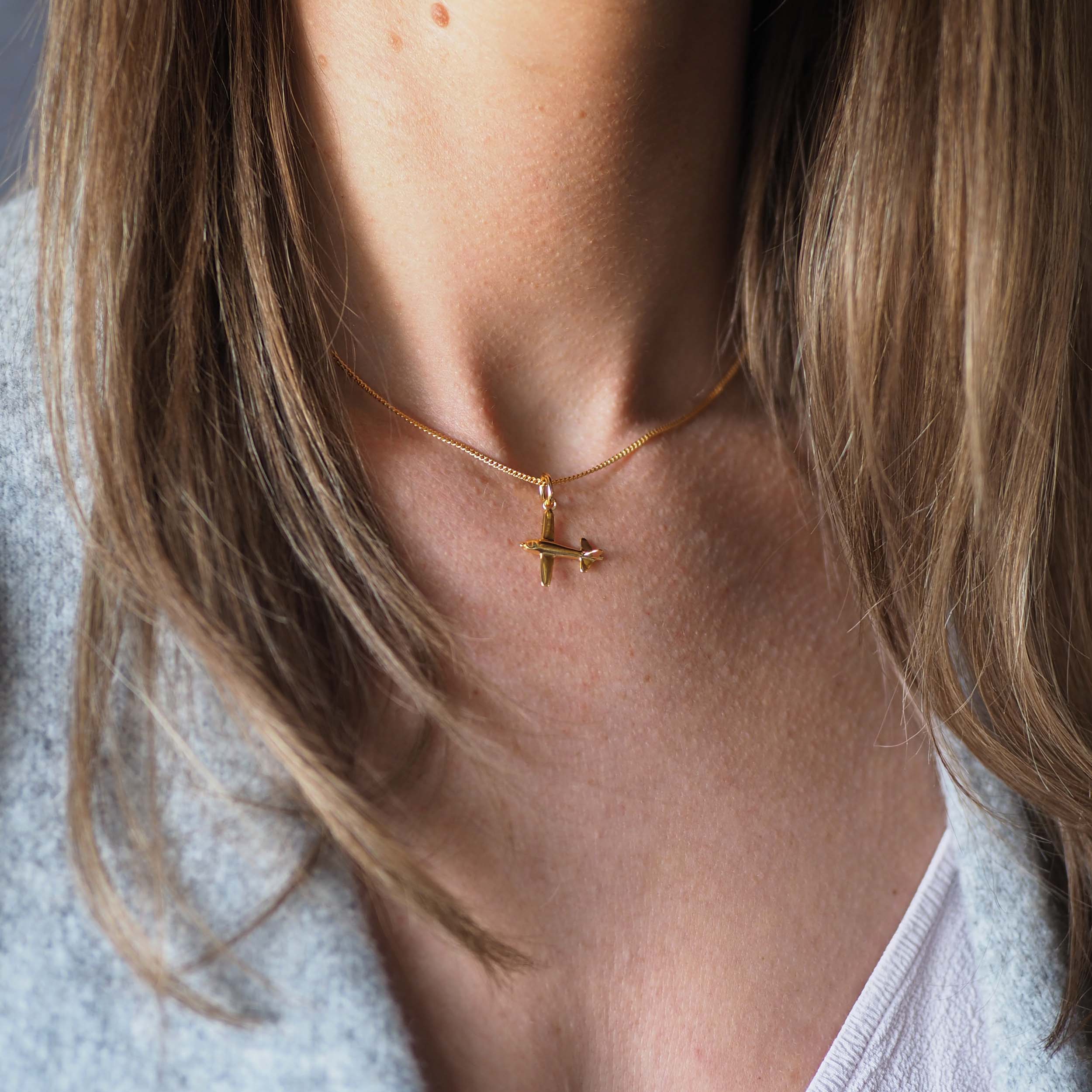 Yellow Gold Vermeil Aeroplane Necklace on Chain - Travel Inspired Jewellery