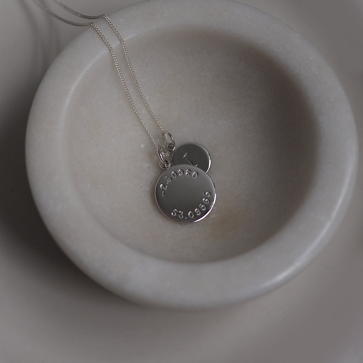 Latitude and Longitude Mini Initial Necklace in Solid Sterling Silver