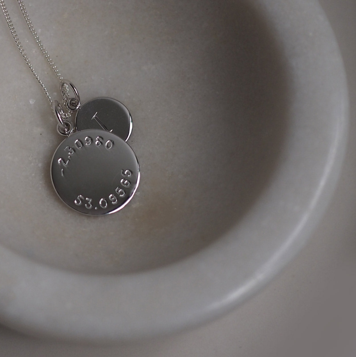 Latitude and Longitude Mini Initial Necklace in Solid Sterling Silver