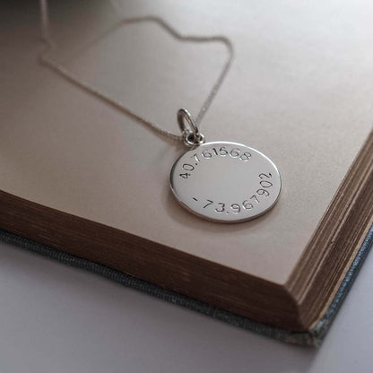 Bianca Jones Sterling Silver Necklace Hand-Engraved with Latitude and Longitude, Handcrafted in London