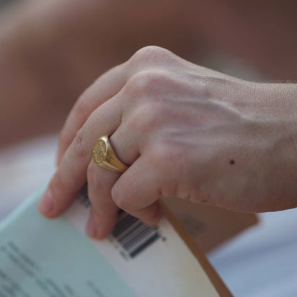 Solid Gold Double Initial Signet Ring with hand-engraved scrolled initials, featuring luxurious curves and a robust, classic form. Ideal for pinky or ring finger adornment.