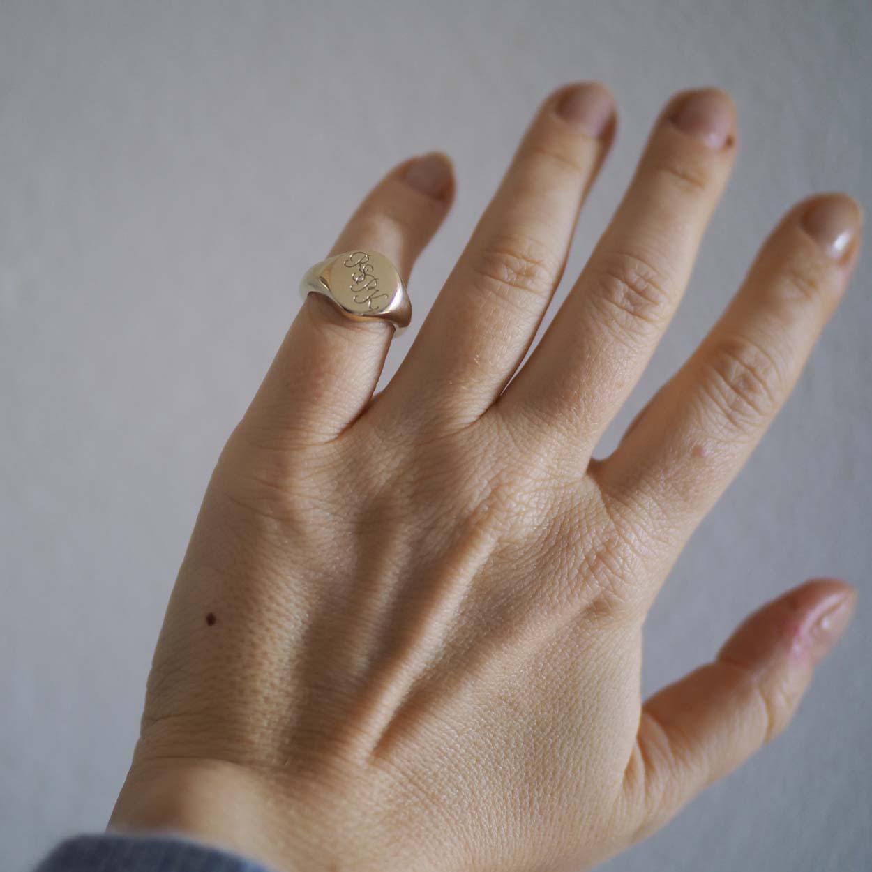 Triple Initial Signet Ring in 9ct Solid Gold available in yellow, white, and rose gold, featuring delicately scrolled initials