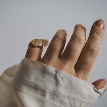 Triple Initial Signet Ring in 9ct Solid Gold available in yellow, white, and rose gold, featuring delicately scrolled initials