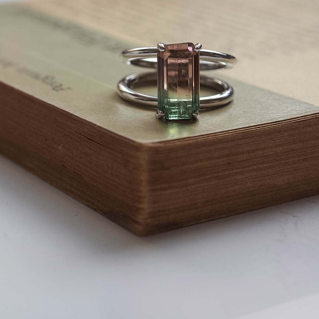 Bianca Jones Watermelon Tourmaline Engagement Ring with Claw Setting on Two White Gold Bands