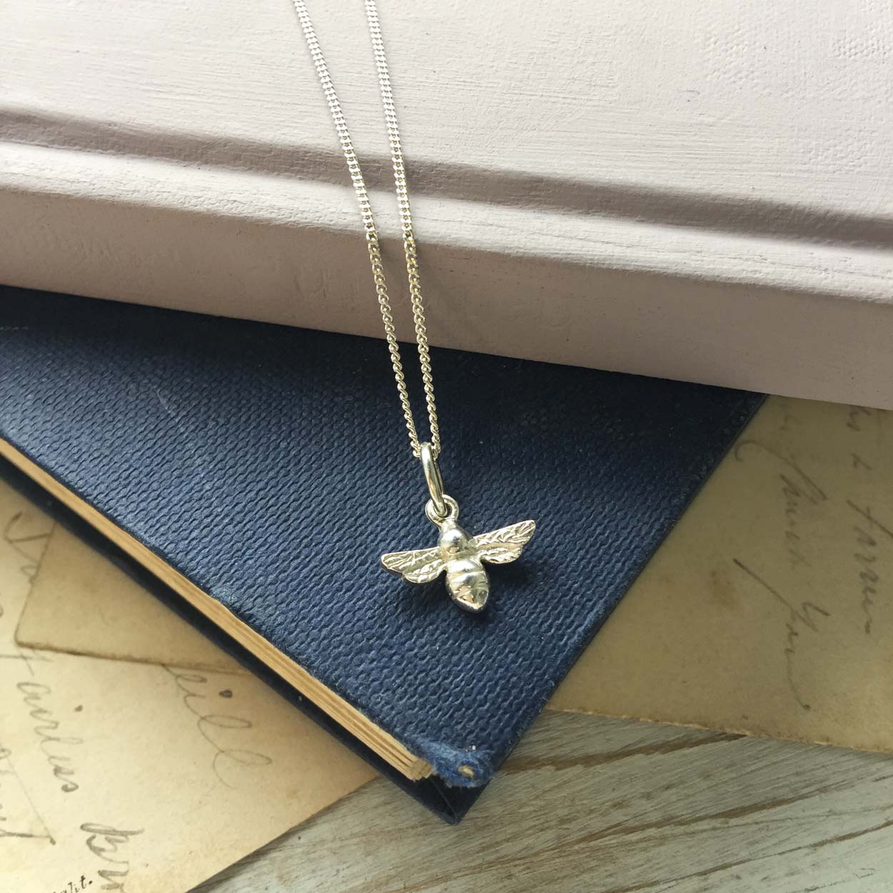 Bee Necklace in solid sterling silver, handmade in London, front view