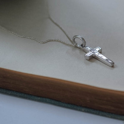 Solid gold cross necklace in 9ct or 18ct, handcrafted in London with textured finish