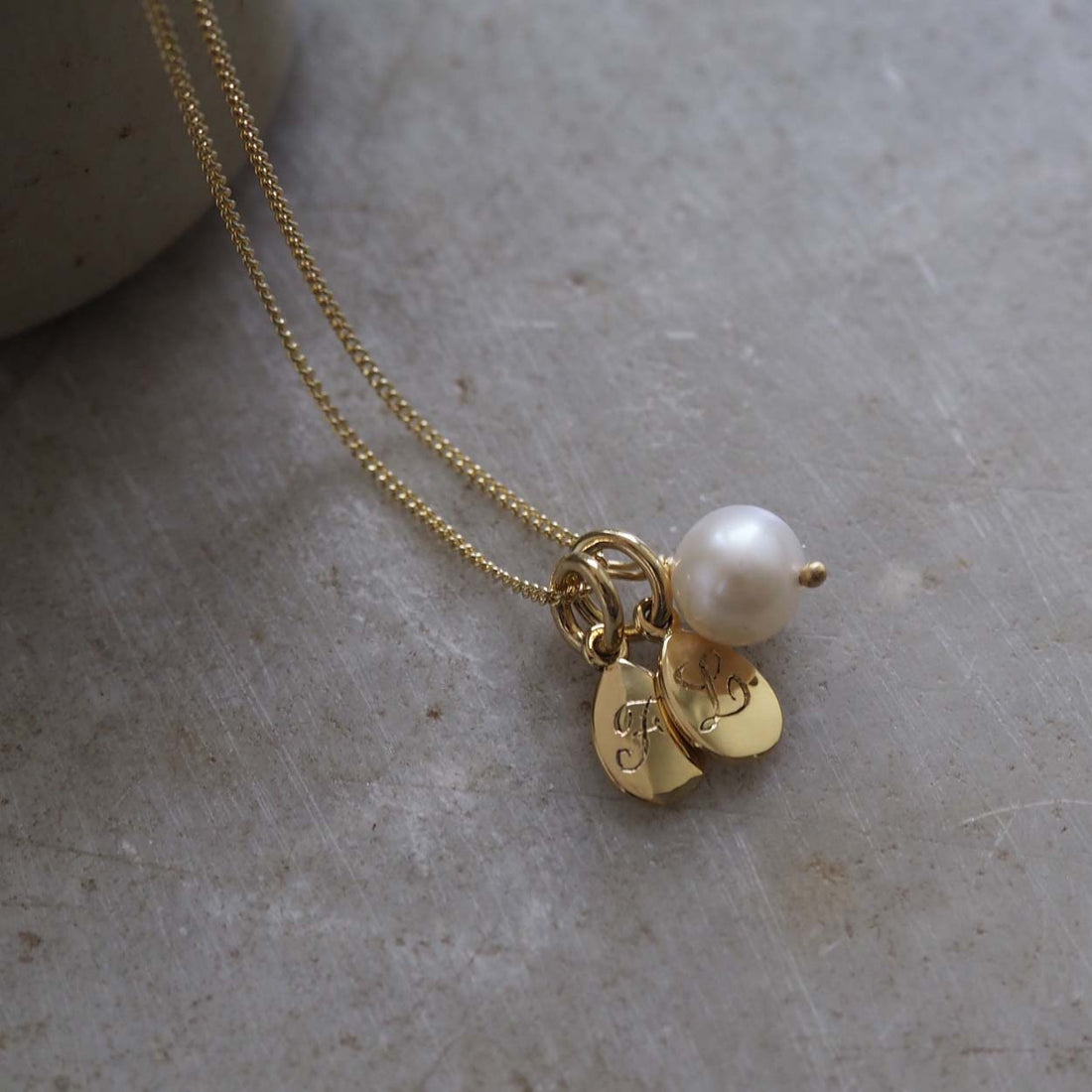 Initial Double Teardrop and Pearl Necklace in solid gold with engraved charms and freshwater pearl