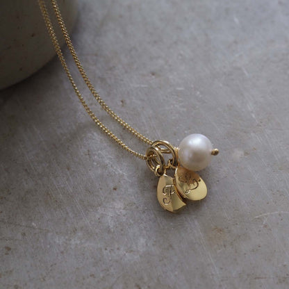 Initial Double Teardrop and Pearl Necklace in solid gold with engraved charms and freshwater pearl