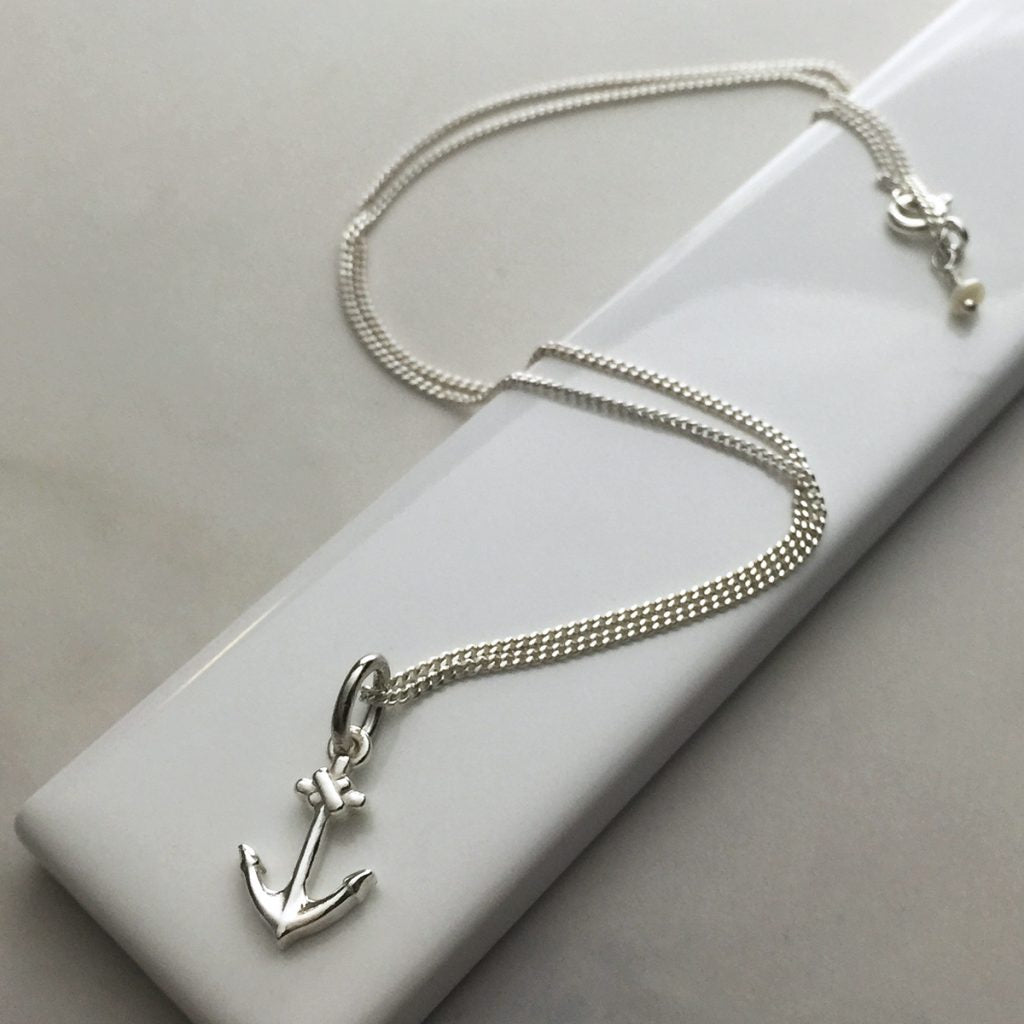Bianca Jones lucky anchor necklace available in sterling silver or gold vermeil, symbolising hope and steadfastness.