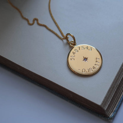 Handmade Gold Vermeil Star-Set Birthstone Necklace with Hand-Engraved Latitude and Longitude, Crafted in London