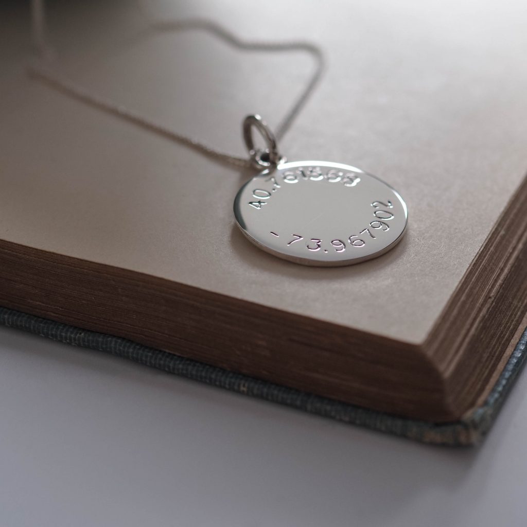 Bianca Jones Sterling Silver Necklace Hand-Engraved with Latitude and Longitude, Handcrafted in London