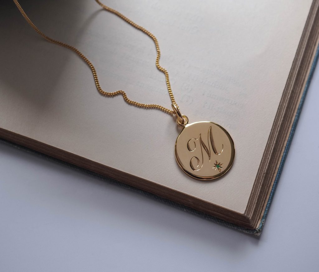 Bianca Jones Star-Set Emerald Birthstone Initial Necklace in Gold Vermeil with Hand-Engraved Detail