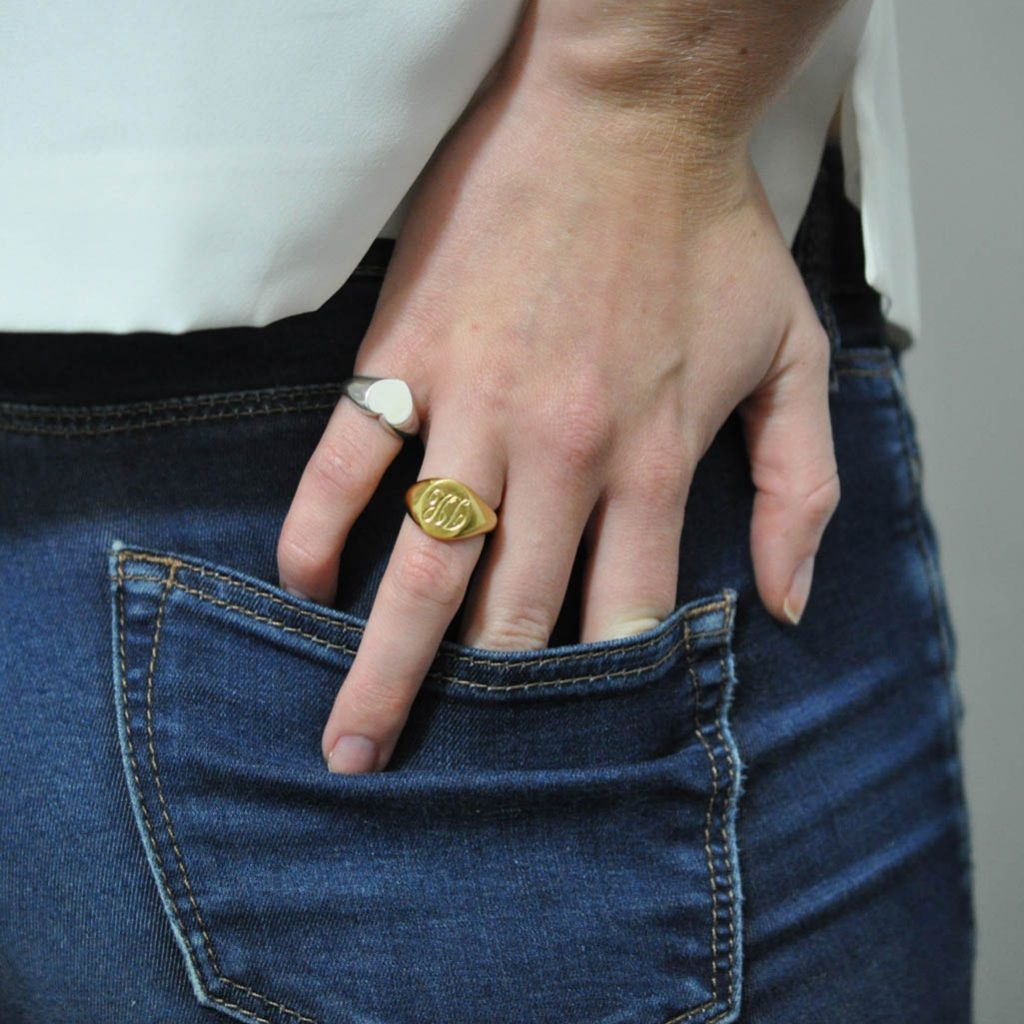 Solid Gold Double Initial Signet Ring with hand-engraved scrolled initials, featuring luxurious curves and a robust, classic form. Ideal for pinky or ring finger adornment.