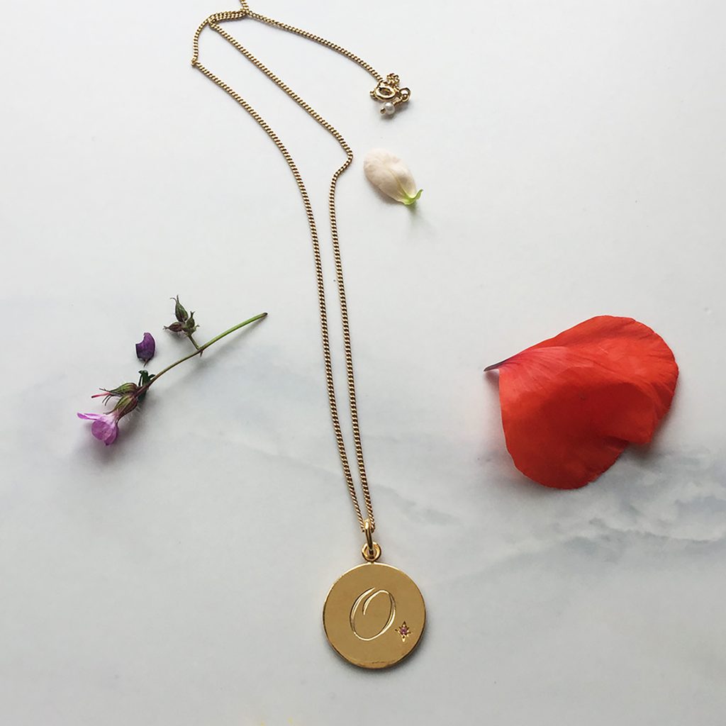 Pink Tourmaline Initial Necklace in Yellow Gold Vermeil