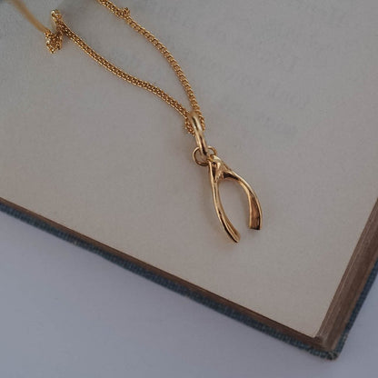 Gold wishbone charm necklace symbolising luck and hope
